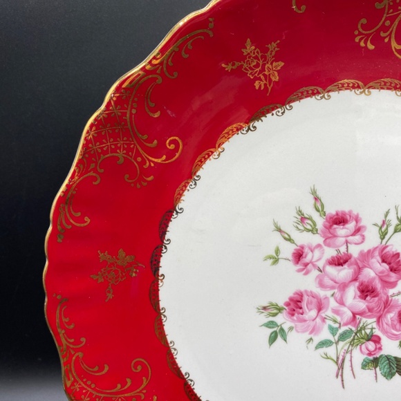 James Kent dinner plate red band, hand painted roses, gold details VTG 50's UK - Picture 6 of 10